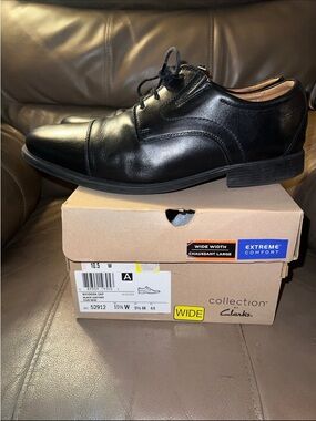 Clarks Men's Whiddon Cap leather oxford shoes in black, Mena size 10.5W